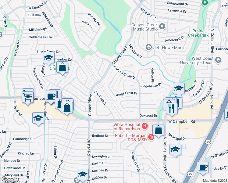 map of restaurants, bars, coffee shops, grocery stores, and more near 430 Ridge Crest Drive in Richardson