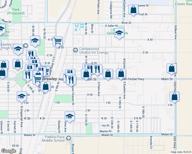 map of restaurants, bars, coffee shops, grocery stores, and more near 1175 Main Street in Brawley