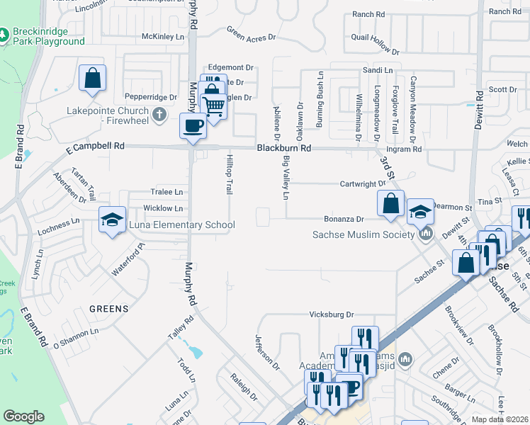 map of restaurants, bars, coffee shops, grocery stores, and more near 1507 Bonanza Court in Sachse