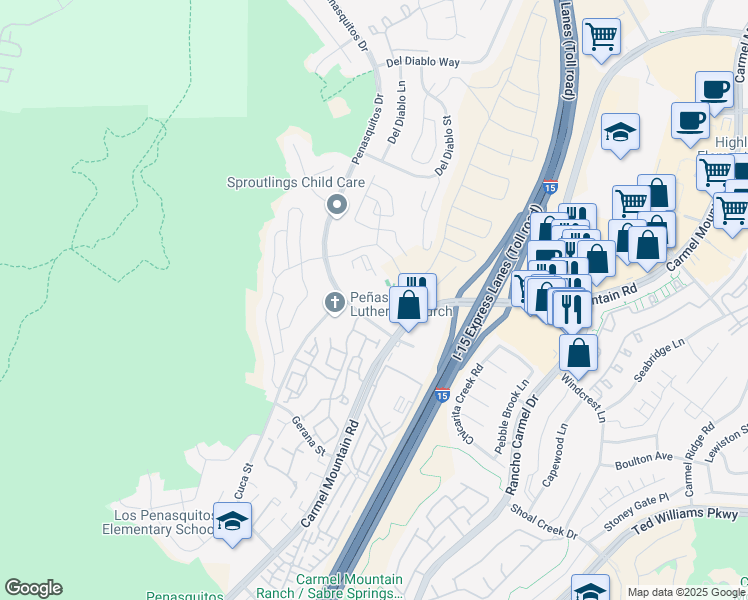 map of restaurants, bars, coffee shops, grocery stores, and more near 14443 Penasquitos Drive in San Diego