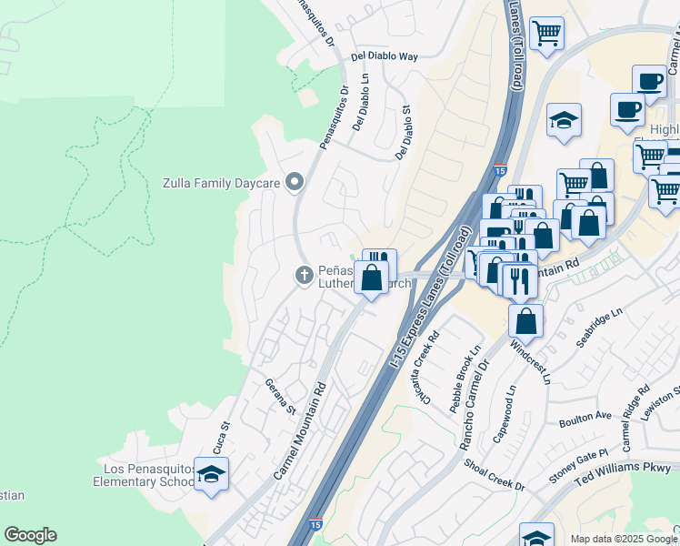 map of restaurants, bars, coffee shops, grocery stores, and more near 14443 Penasquitos Drive in San Diego