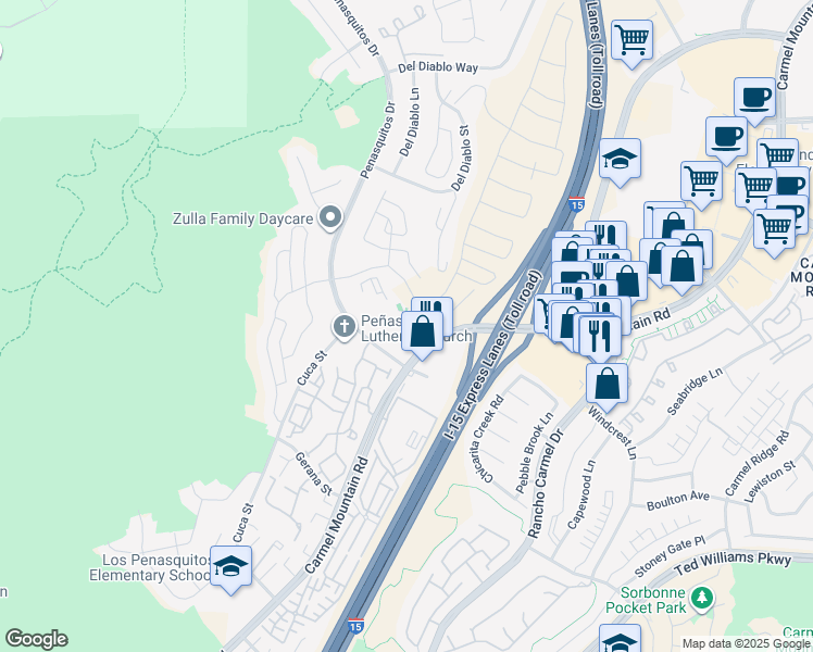 map of restaurants, bars, coffee shops, grocery stores, and more near 14423 Penasquitos Drive in San Diego