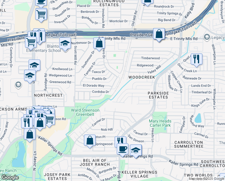 map of restaurants, bars, coffee shops, grocery stores, and more near 2176 Cordoba Drive in Carrollton