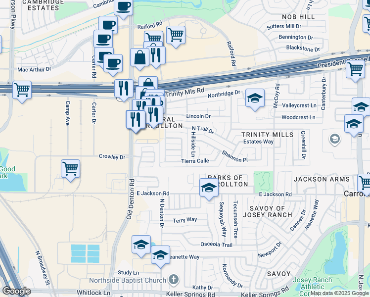 map of restaurants, bars, coffee shops, grocery stores, and more near 2306 Hillside Lane in Carrollton