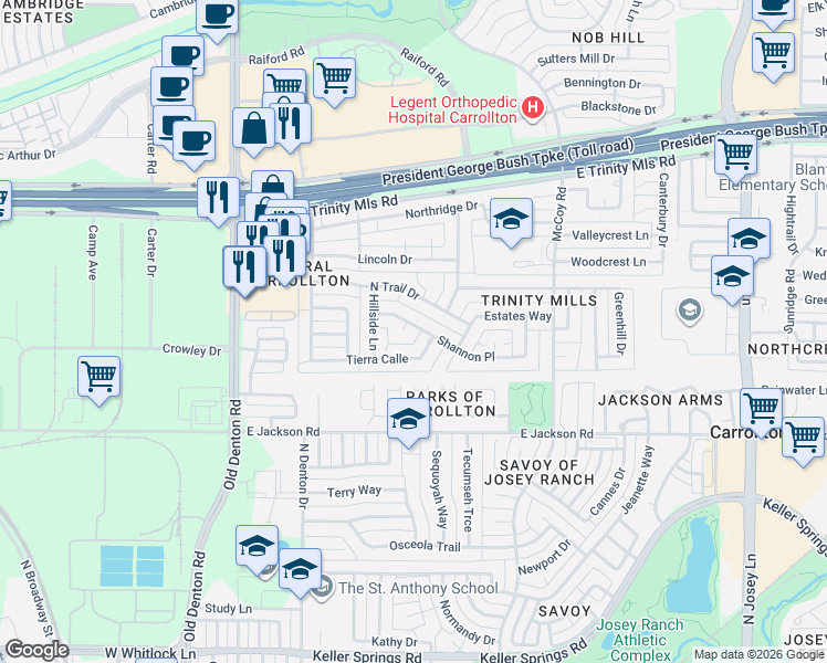 map of restaurants, bars, coffee shops, grocery stores, and more near 1412 Shannon Circle in Carrollton