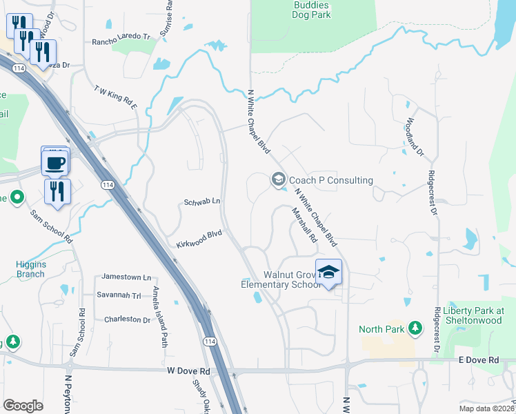 map of restaurants, bars, coffee shops, grocery stores, and more near 521 Round Hollow Lane in Southlake