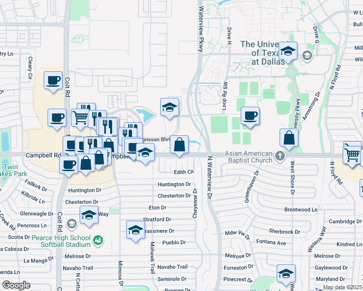 map of restaurants, bars, coffee shops, grocery stores, and more near 1060 West Campbell Road in Richardson