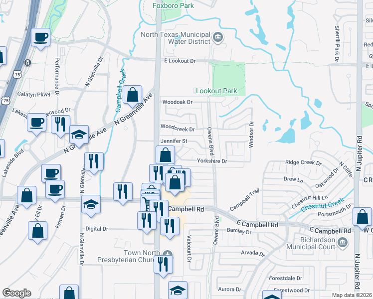 map of restaurants, bars, coffee shops, grocery stores, and more near 2220 Shannon Ln in Richardson