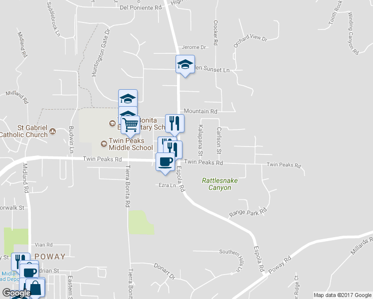 map of restaurants, bars, coffee shops, grocery stores, and more near 14627 Espola Road in Poway