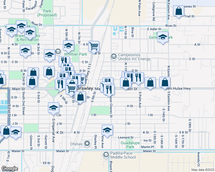 map of restaurants, bars, coffee shops, grocery stores, and more near 977 Main Street in Brawley