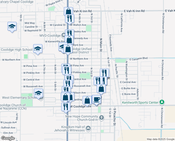 map of restaurants, bars, coffee shops, grocery stores, and more near 326 West Pinkley Avenue in Coolidge