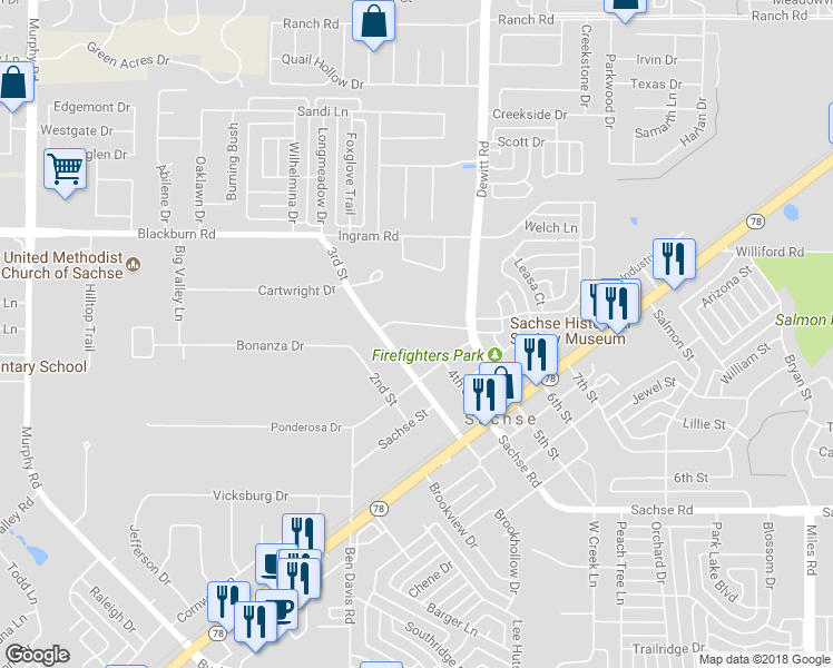 map of restaurants, bars, coffee shops, grocery stores, and more near 2600 Mcdearmon Street in Sachse