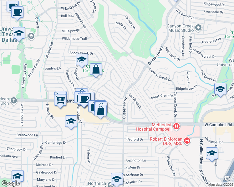 map of restaurants, bars, coffee shops, grocery stores, and more near 506 Arrowhead Drive in Richardson