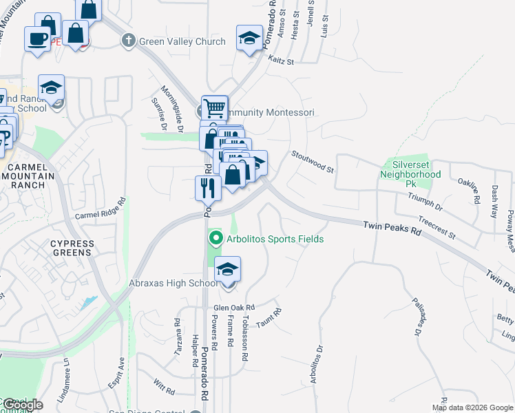 map of restaurants, bars, coffee shops, grocery stores, and more near 14523 Crestwood Avenue in Poway