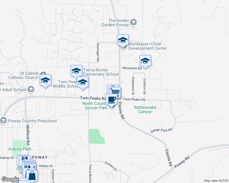 map of restaurants, bars, coffee shops, grocery stores, and more near 14140 Rio Court in Poway