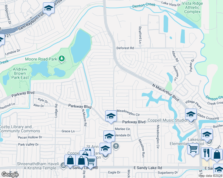 map of restaurants, bars, coffee shops, grocery stores, and more near 704 Greenway Drive in Coppell