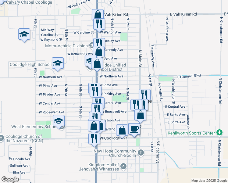 map of restaurants, bars, coffee shops, grocery stores, and more near 390 West Pinkley Avenue in Coolidge