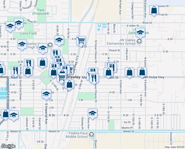 map of restaurants, bars, coffee shops, grocery stores, and more near 977 Main Street in Brawley