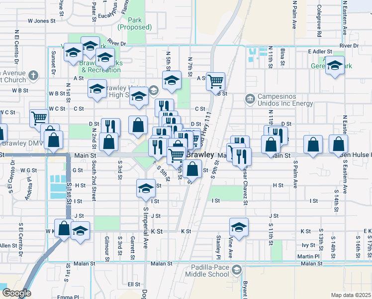 map of restaurants, bars, coffee shops, grocery stores, and more near 621 Main Street in Brawley