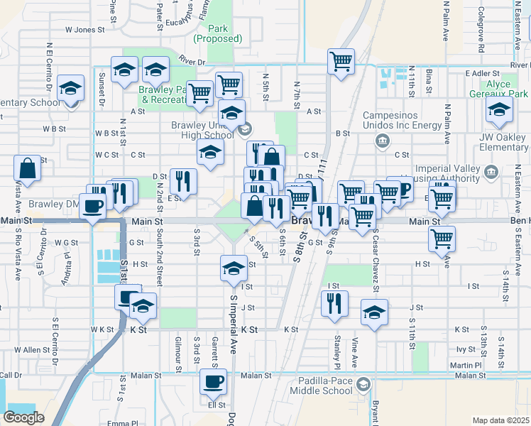 map of restaurants, bars, coffee shops, grocery stores, and more near 2161 West Main Street in El Centro