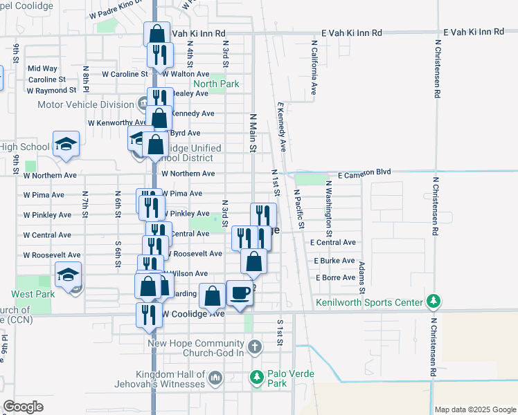 map of restaurants, bars, coffee shops, grocery stores, and more near 156 West Pinkley Avenue in Coolidge