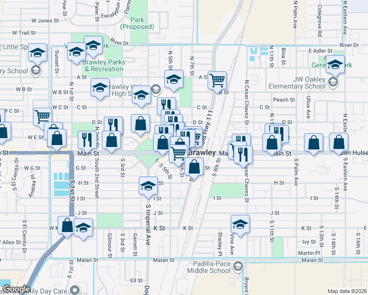 map of restaurants, bars, coffee shops, grocery stores, and more near 621 Main Street in Brawley