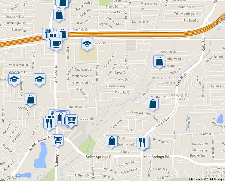 map of restaurants, bars, coffee shops, grocery stores, and more near 2129 Cordoba Drive in Carrollton