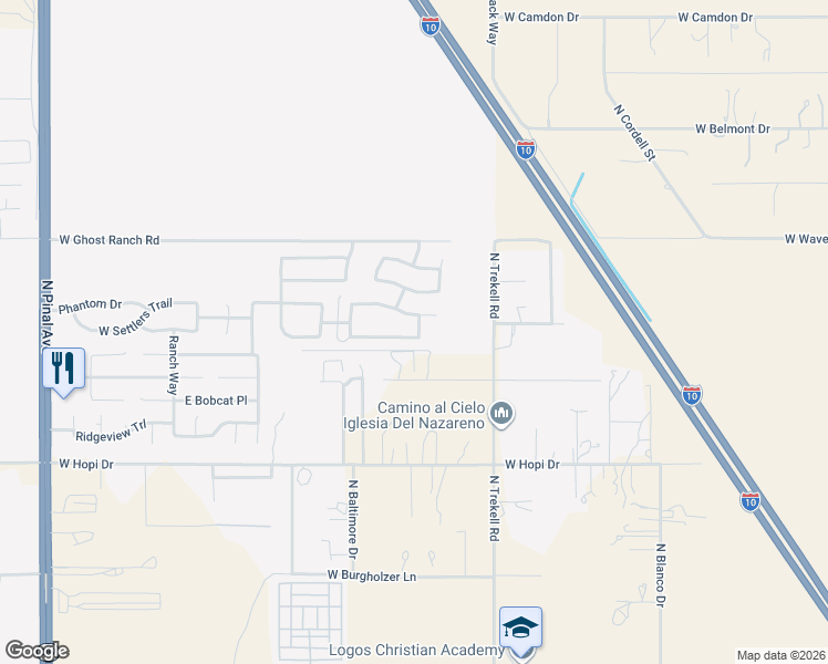 map of restaurants, bars, coffee shops, grocery stores, and more near 796 East Black Diamond Drive in Casa Grande