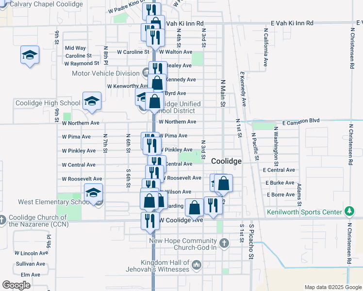 map of restaurants, bars, coffee shops, grocery stores, and more near 390 West Pinkley Avenue in Coolidge