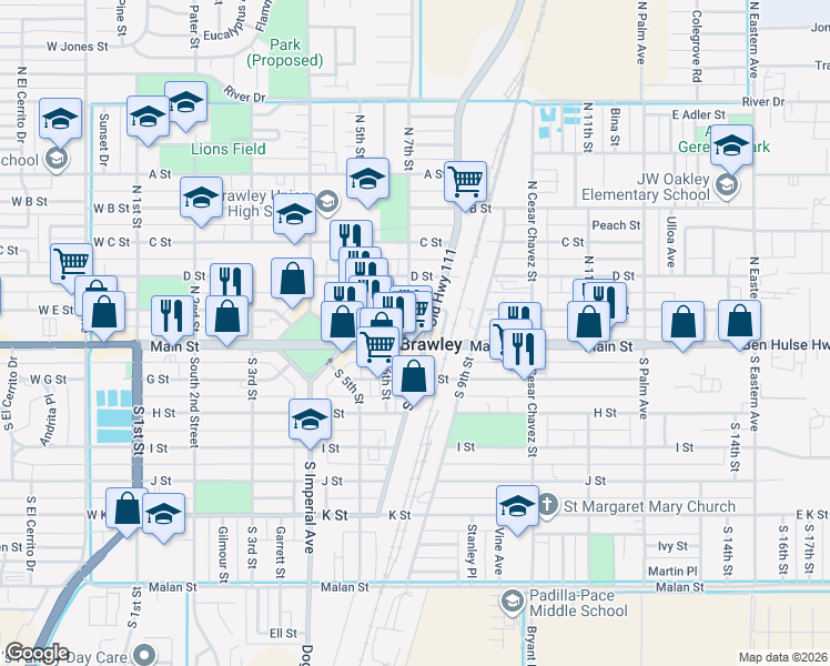 map of restaurants, bars, coffee shops, grocery stores, and more near 621 Main Street in Brawley