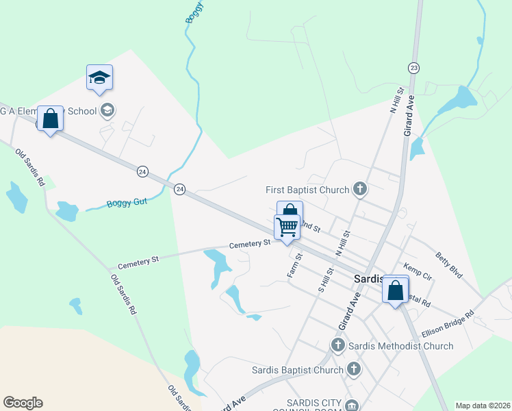 map of restaurants, bars, coffee shops, grocery stores, and more near 1001 M Jiggs Roberts Avenue in Sardis