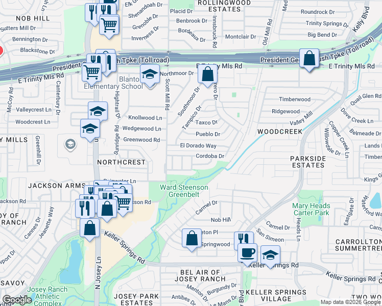 map of restaurants, bars, coffee shops, grocery stores, and more near 2129 Cordoba Drive in Carrollton