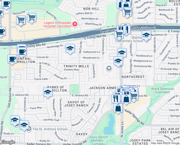 map of restaurants, bars, coffee shops, grocery stores, and more near 2308 Greenmeadow Drive in Carrollton