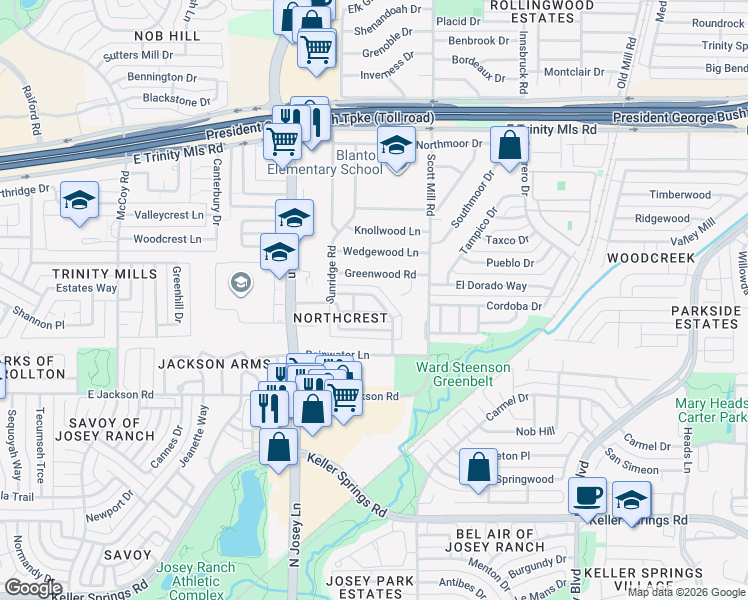 map of restaurants, bars, coffee shops, grocery stores, and more near 2032 Clubview Drive in Carrollton