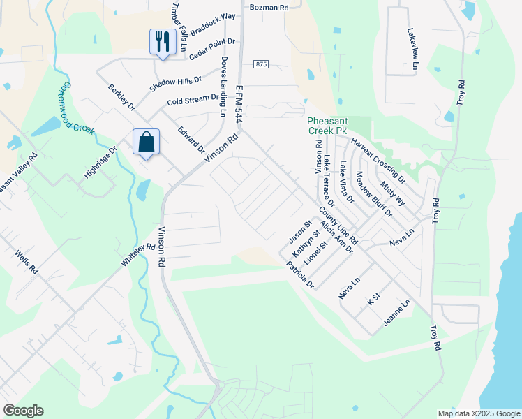 map of restaurants, bars, coffee shops, grocery stores, and more near 77 Jade Road in Wylie