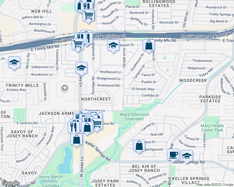 map of restaurants, bars, coffee shops, grocery stores, and more near 2304 Greenwood Circle in Carrollton