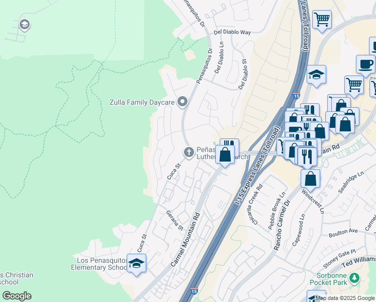 map of restaurants, bars, coffee shops, grocery stores, and more near 14504 Penasquitos Drive in San Diego