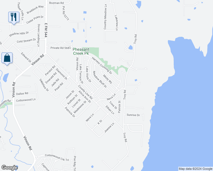 map of restaurants, bars, coffee shops, grocery stores, and more near 3002 Meadow Bluff Drive in Wylie