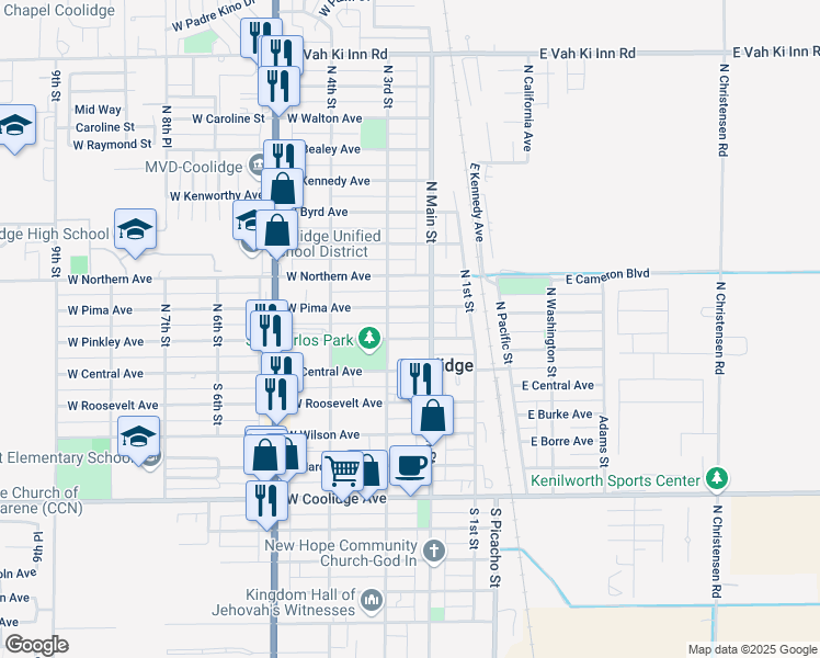 map of restaurants, bars, coffee shops, grocery stores, and more near 240 West Pinkley Avenue in Coolidge