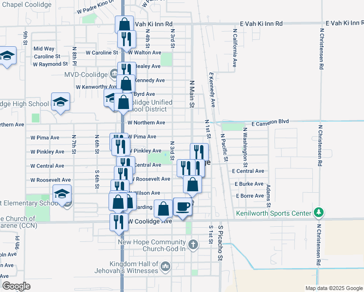 map of restaurants, bars, coffee shops, grocery stores, and more near 240 West Pinkley Avenue in Coolidge