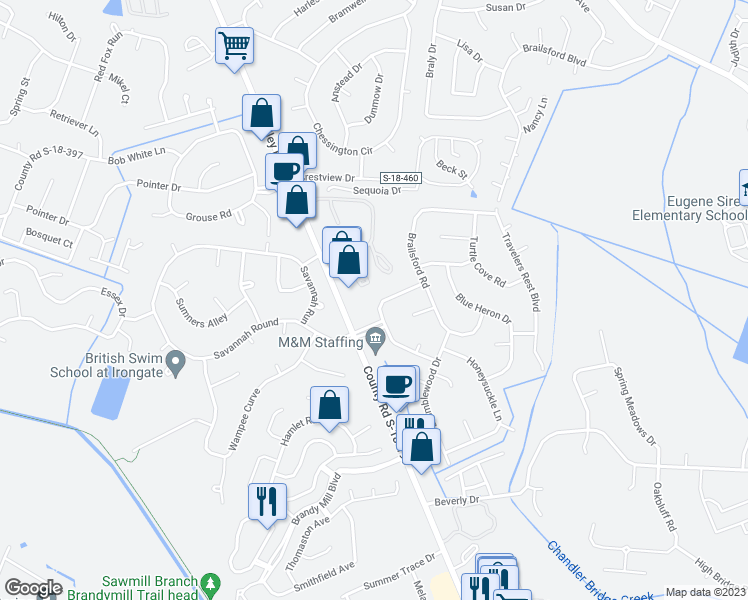map of restaurants, bars, coffee shops, grocery stores, and more near 205 Sweetbriar Road in Summerville