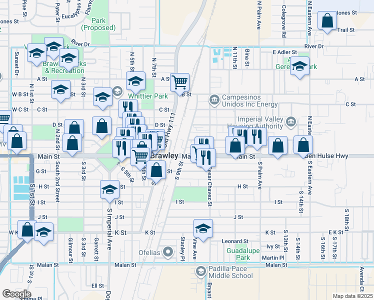 map of restaurants, bars, coffee shops, grocery stores, and more near North 9th Street in Brawley