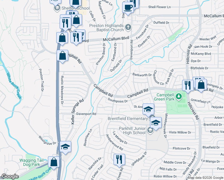 map of restaurants, bars, coffee shops, grocery stores, and more near 16816 Davenport Ct in Dallas