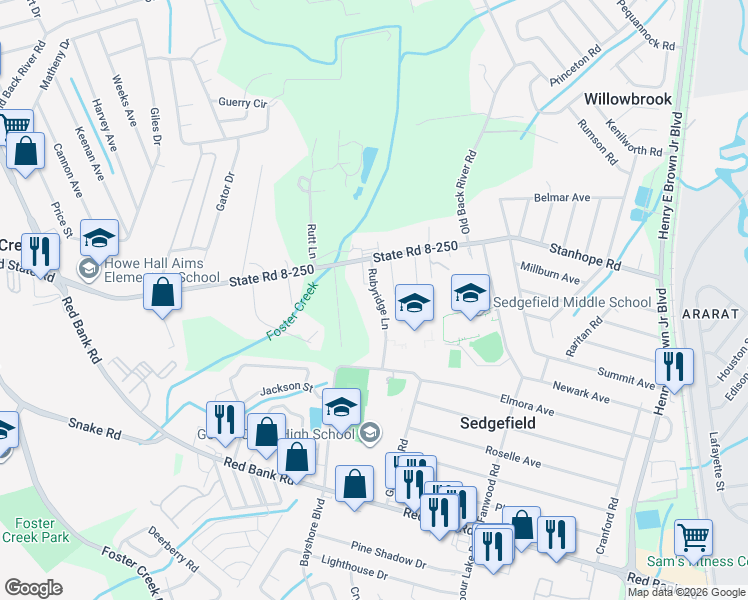 map of restaurants, bars, coffee shops, grocery stores, and more near 420 Rubyridge Lane in Goose Creek