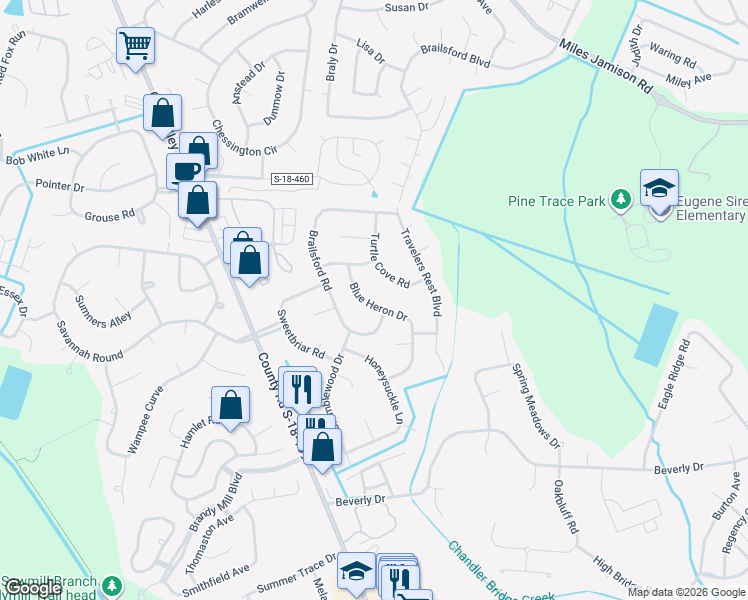 map of restaurants, bars, coffee shops, grocery stores, and more near 111 Blue Heron Drive in Summerville