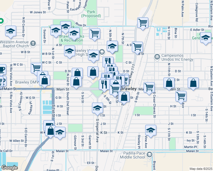 map of restaurants, bars, coffee shops, grocery stores, and more near 2161 West Main Street in El Centro