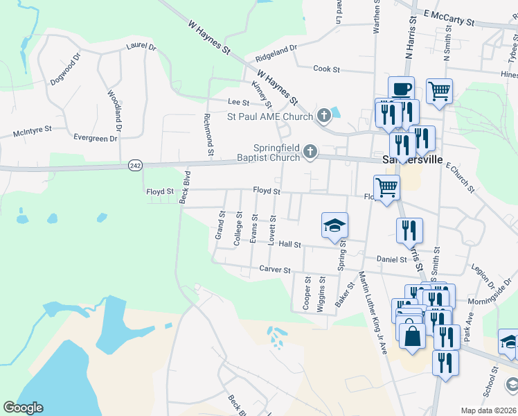 map of restaurants, bars, coffee shops, grocery stores, and more near 311 Evans Street in Sandersville