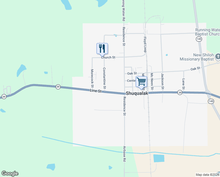 map of restaurants, bars, coffee shops, grocery stores, and more near 6735 Line Street in Shuqualak