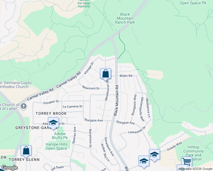 map of restaurants, bars, coffee shops, grocery stores, and more near 14430 Meadowrun Street in San Diego