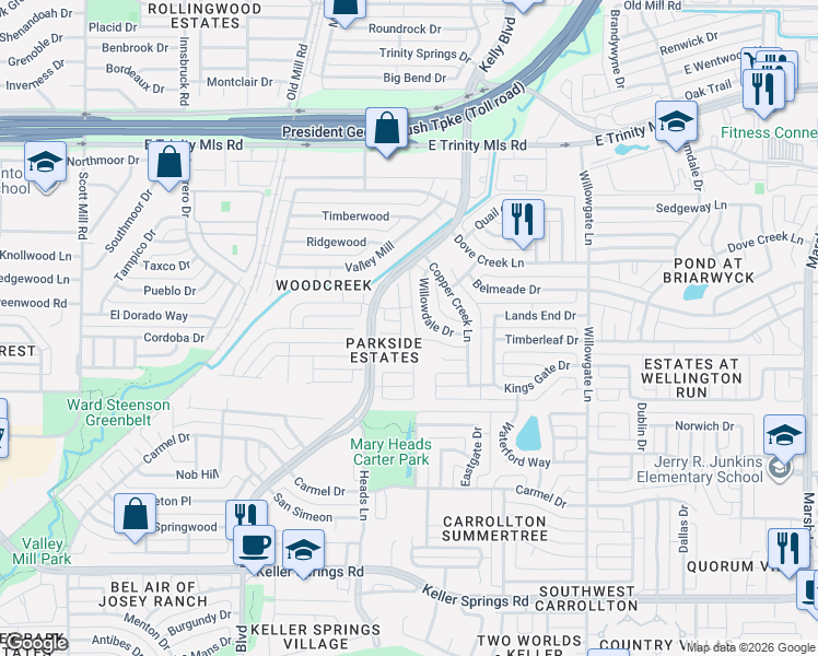 map of restaurants, bars, coffee shops, grocery stores, and more near 2416 Georgetown Drive in Carrollton